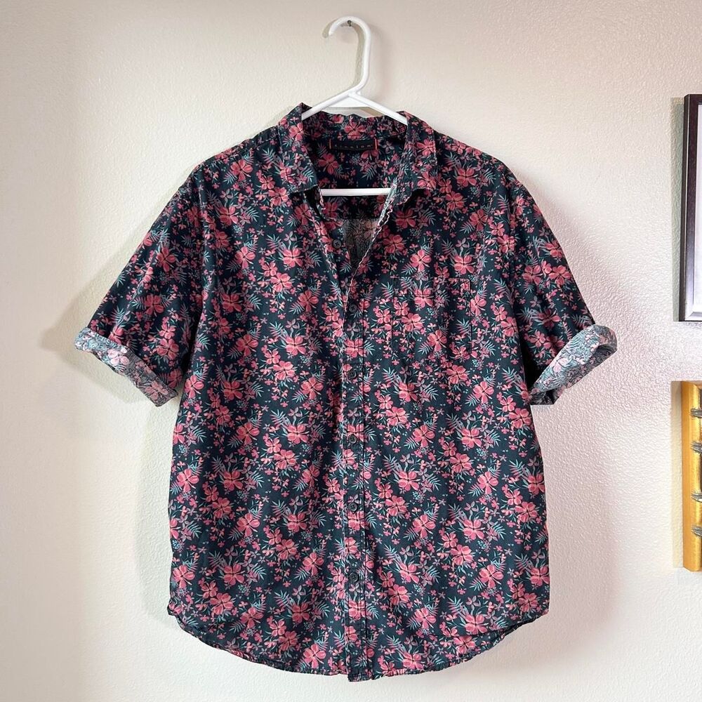 Vintage FISSION hibiscus hawaiian shirt red black XL